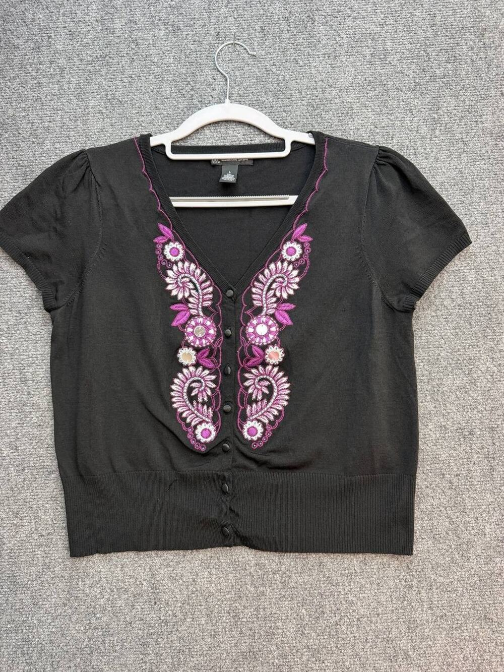 INC International Concepts Women's L Black Floral Embroidered Cardigan Sweater